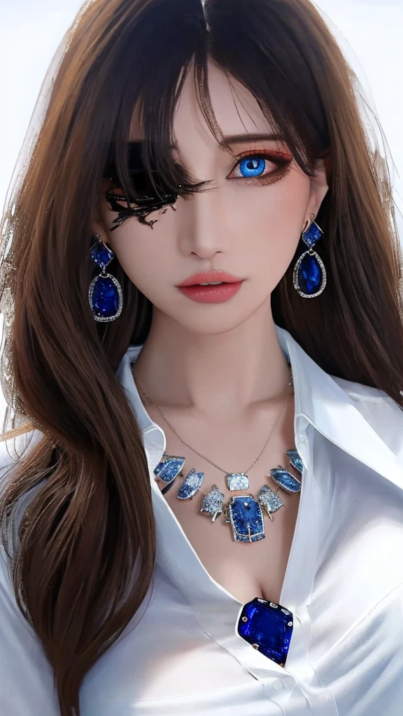 (masterpiece, masterpiece, Highest quality, Ultra-high resolution, 8K resolution, Realistic, Super detailed, Sharp focus, RAW Photos),
One girl,Good move,(Long Hair),(Wavy Hair),(Hair on one eye, necklace, Earrings, Sapphire Eyes, nearly torn white shirt:1.6),(Ahegao),(Glossy sheen々Lips:1.5, blush:0.5),