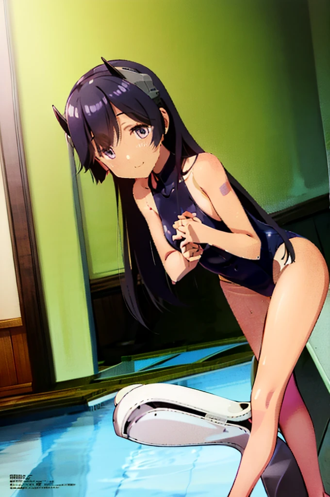 anime style, 1girl, solo, high quality, Illustration, digital illustration, i-400 (kancolle), black hair, long hair down, purple eyes, hairband horn, medium breasts, one-piece swimsuit, competition swimsuit, hydrasuit, highneck swimsuit, highleg swimsuit, cowboy shot, looking at viewer, smile, bare legs, barefoot, pool, poolside, arms at side, indoors,