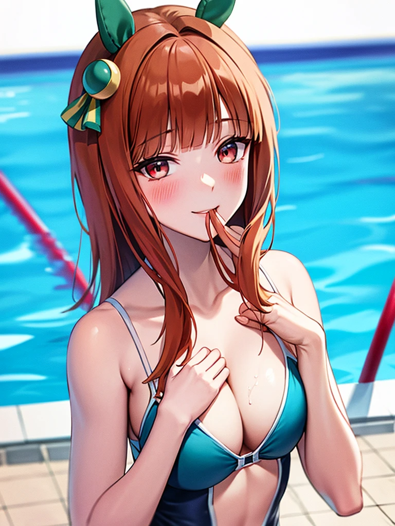 masterpiece, Highest quality，Highest quality，{{{Agnes Tachyon/umamusume}}}，{{Brown Hair}}，Red eyes，Look at the viewers，blush，smile，Mouth closed，，{{{chest}}}，{{{Swimwear}}}，Pool