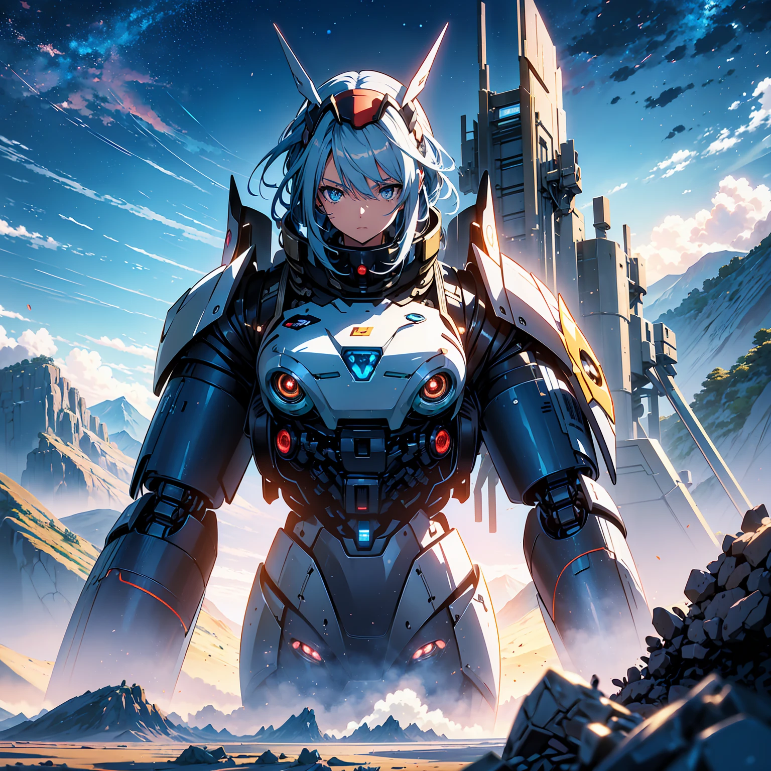 Anime, 2 characters, (1 teenage anime girl, silvery blue hair, bright blue star-shaped eyes); (1 Robot, Mech, Tall, Cape, Luminous Eyes, Rugged, Fantasy, Lights, outdated, old style, bronze silver), Nature, Biomes with mountains