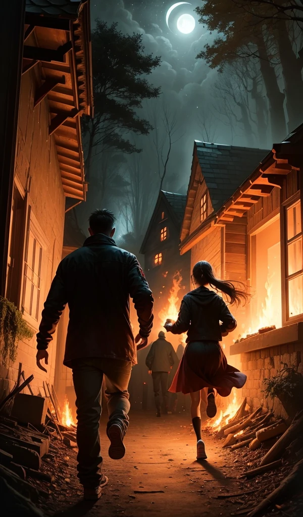(anime, digital paint, 1 boy and 1 girl running out of the candy house in deep forest, eerie atmosphere, scared expressions, house in flames behind them, night sky illuminated by the fire, sweets and treats all around, forest path ahead, sense of urgency and relief)