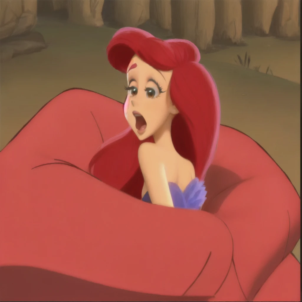 Araffe dans un chapeau rouge assis sur un canapé rouge, ariel the Petite Sirène, Princesse Ariel,  Sirène, the  Sirène, Ariana Grande en sirène, looking surprendred, animation disney 2d encore, very surprendred, avoir l&#39;air effrayé, Ambiance Disney classique, choqué, pose désespérée, Emma Watson: Jessica Rabbit, Megara, surprendre, scène de film d&#39;animation