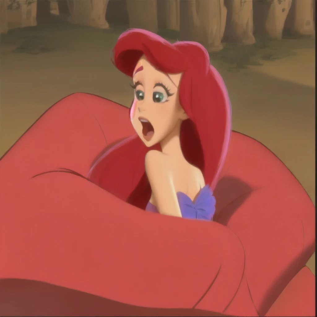 Araffe dans un chapeau rouge assis sur un canapé rouge, ariel the Petite Sirène, Princesse Ariel,  Sirène, the  Sirène, Ariana Grande en sirène, looking surprendred, animation disney 2d encore, very surprendred, avoir l&#39;air effrayé, Ambiance Disney classique, choqué, pose désespérée, Emma Watson: Jessica Rabbit, Megara, surprendre, scène de film d&#39;animation