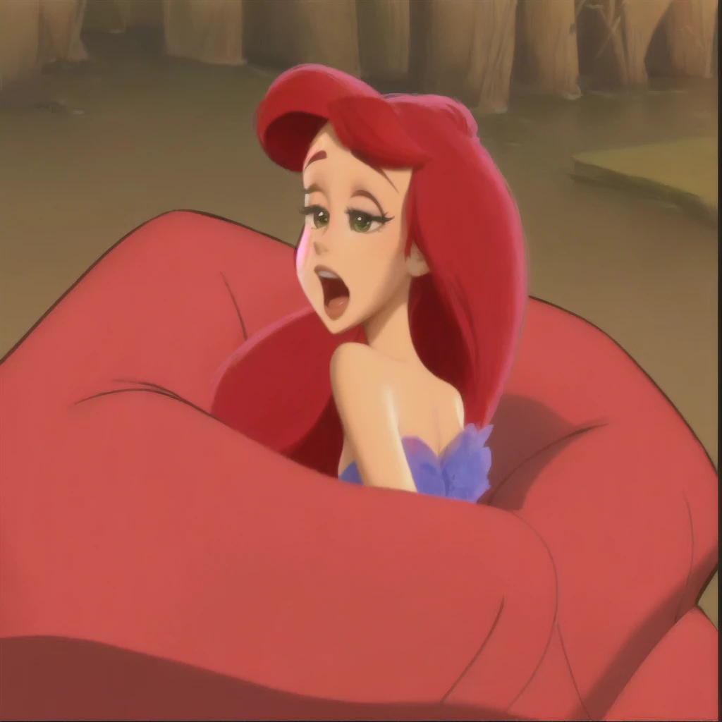 Araffe dans un chapeau rouge assis sur un canapé rouge, ariel the Petite Sirène, Princesse Ariel, Sirène, the Sirène, Ariana Grande en sirène, looking surprendred, animation disney 2d encore, very surprendred, avoir l'air effrayé, Ambiance Disney classique, choqué, pose désespérée, Emma Watson: Jessica Rabbit, Megara, surprendre, scène de film d'animation