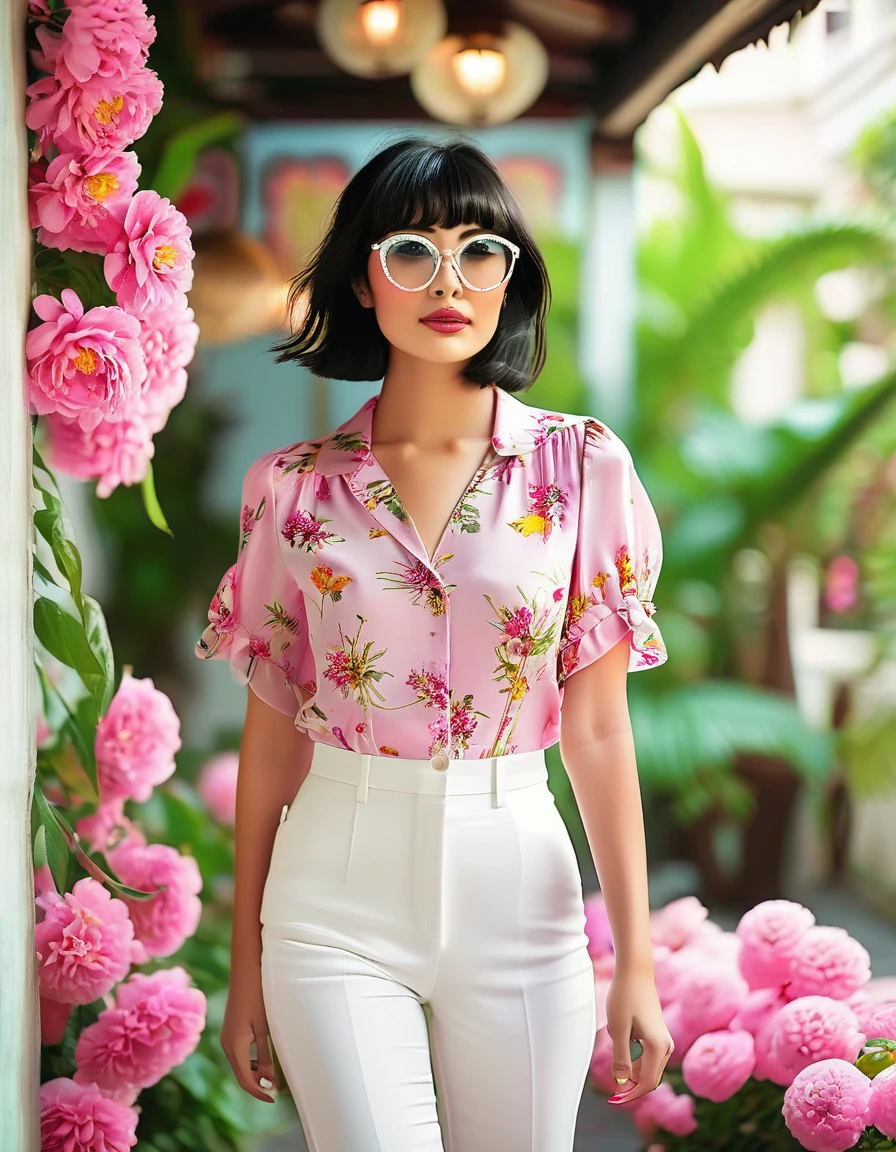 Beautiful girl, 20 years old, short black hair at shoulder length, makeup, pink lipstick, small round glasses, white pants, pink flowers, pink mini blouse, pink full body, pink heeled sandals, walking in a pretty corner