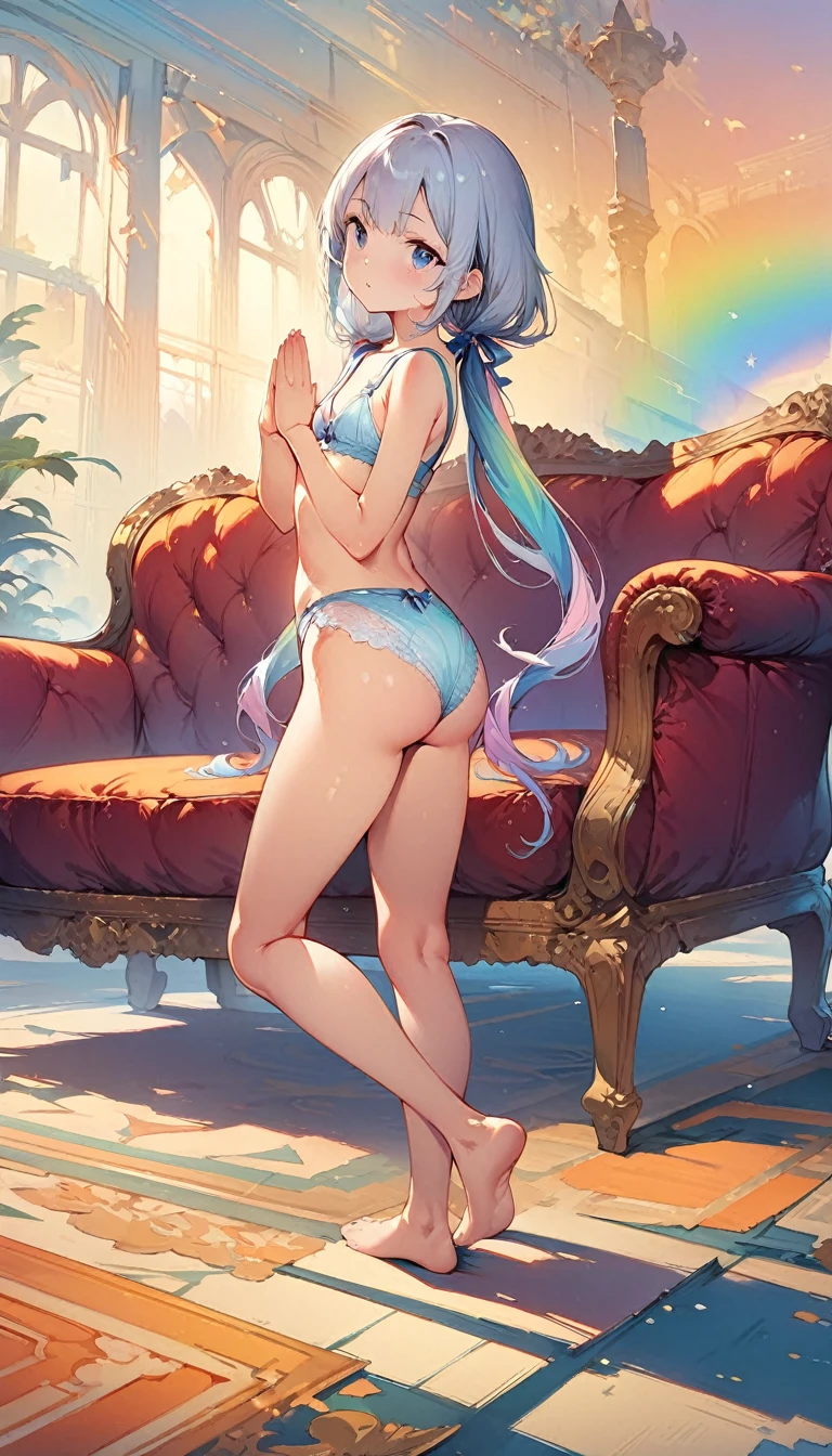 (masterpiece:1.8),(Highest quality:1.8),(Very detailed:1.8),(8k:1.8),(Ultra-fine Illustration:1.5),,,Straight low twintail,Flat Chest,Small Ass,(High-grade ,,lingerie:1.4),(Prayer Pose:1.5),Vintage sofa,,(Full body angle), Rainbow Gradient, Foundation, (bra:1.3),