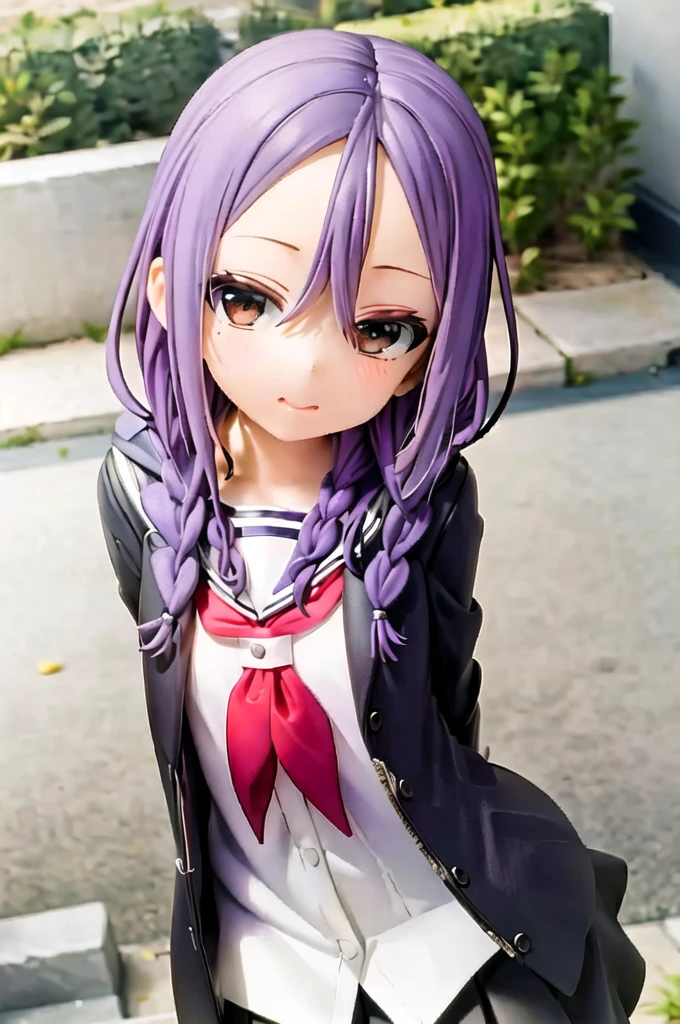 (dutch angle:1.3), (((forehead))), ,
1girl, solo, braid, wink, brown eyes, twin braids, hair between eyes, purple hair, hair over shoulder, blurry background, long hair, , outdoors, sailor collar, closed mouth, skirt, night, blurry, hood, bangs, coat, facing viewer, serafuku, open clothes, long sleeves, ribbon, neck ribbon, shirt, pleated skirt, open coat 