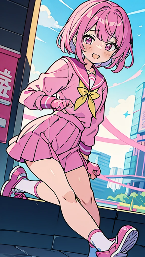 Haruka Shizune, teenage girl, pink bob hair, pink eyes, pink karate suit style, the upper part had a Chinaesque, pink yellow mini skirt, pink shoes with a small yellow ribbon, smile, beautiful, cute, feminine, sexy, background in Tokyo city in the morning.