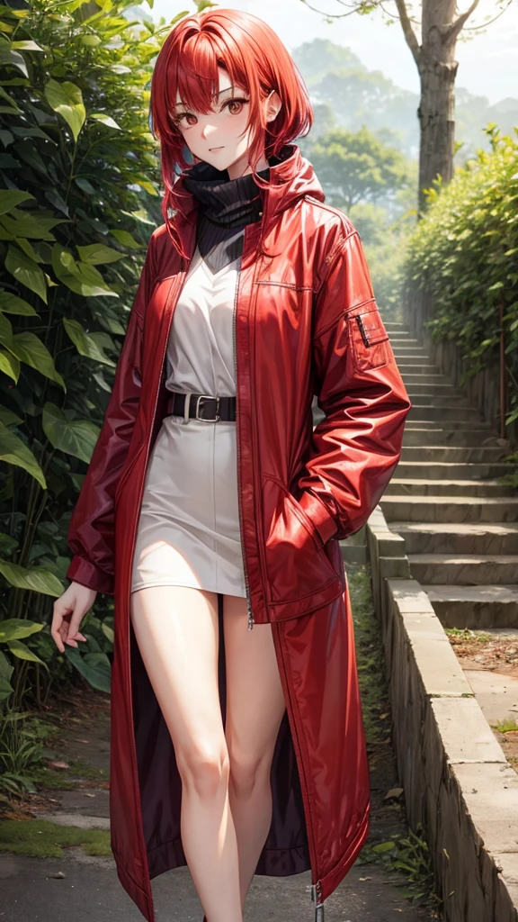 Tall girl with red hair like Yoriichi and the hunter&#39;s mark of the breath of the sun and moon and red eyes and red kimono and demon slayer uniform