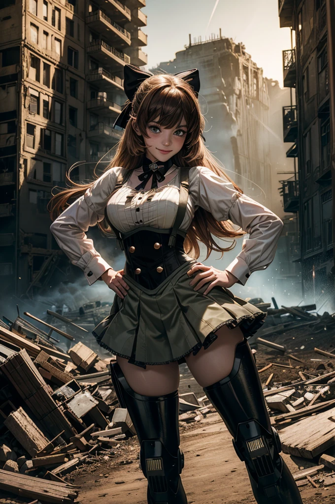 cowboy shot, dynamic pose, smile,  underbust, Penny Polendina, long hair, neck ribbon, suspender skirt, corset, black bow, white blouse, mechanical legs, neon trim, standing in city ruins on hill, in valley, hand on hip, BREAK mountains in background, waterfall, crowd, (crowd in military uniform), bonfires, post-apocalypse, dystopian future, (volumetric lighting), intricate details, tonemapping, sharp focus, hyper detailed, 

