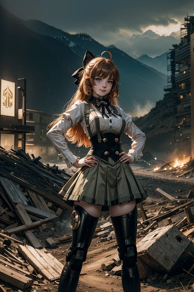 cowboy shot, dynamic pose, smile,  underbust, Penny Polendina, long hair, neck ribbon, suspender skirt, corset, black bow, white blouse, mechanical legs, neon trim, standing in city ruins on hill, in valley, hand on hip, BREAK mountains in background, waterfall, crowd, (crowd in military uniform), bonfires, post-apocalypse, dystopian future, (volumetric lighting), intricate details, tonemapping, sharp focus, hyper detailed, 

