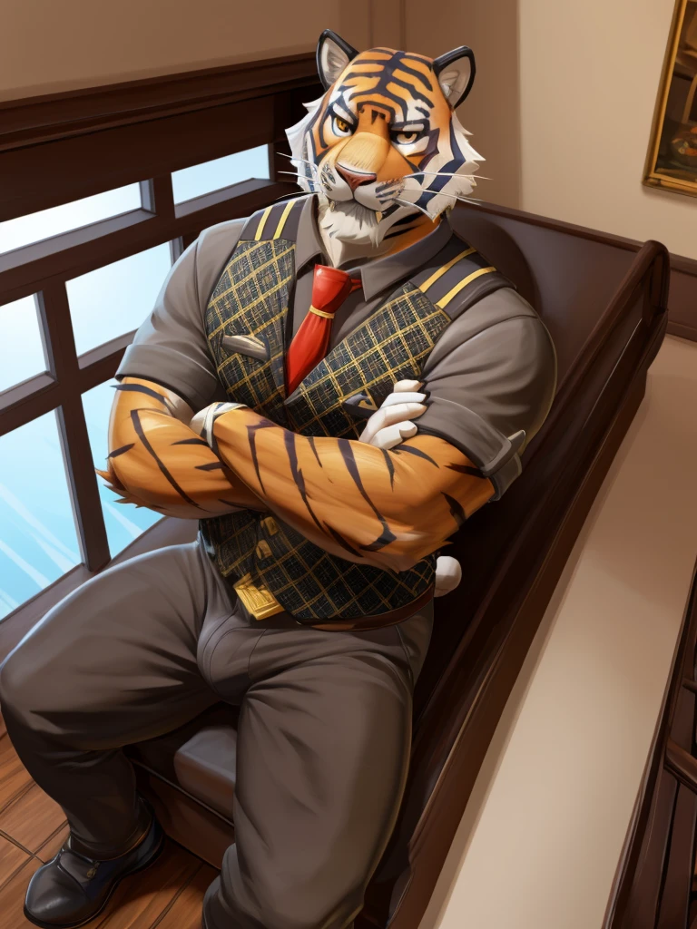 man resembling a tiger, ((Oscar_fortnite)), male wearing business clothes, charming, with a cigar in his mouth, with a large and shiny bulge posing sitting on the sofa with the angle of view of the bulge, scene in a large, modern room with staircase at the bottom to the second floor, ((with arms crossed)) by nullghost, by chunie, by Arashi_takemoto