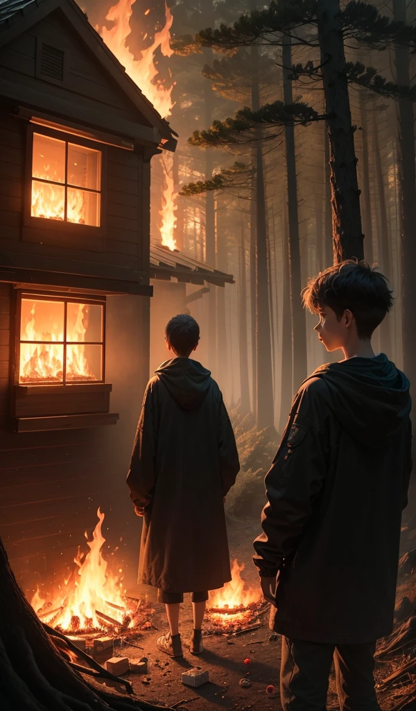 (anime, digital paint, 1 boy and 1 girl pausing at a safe distance, looking back at the burning candy house in deep forest, burned sweets and treats all around, faces illuminated by the glow of the fire, mixture of relief and lingering fear, forest surrounding them)