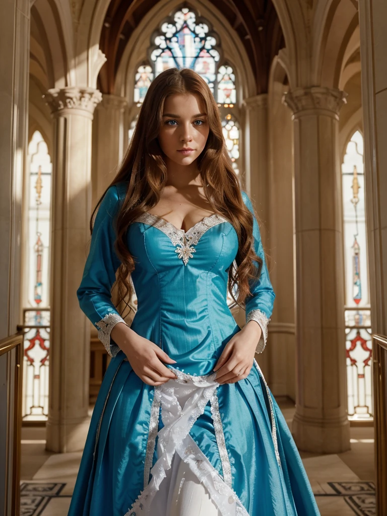 (blue eyes):(best quality,realistic) Beautiful noble woman with an imponent presence, standing in a noble scenery castle. Her long wavy red hair flows down her back, contrasting with her (white skin). She is dressed in the elegant attire of Rukia Bankai, which adds to her regal aura. Her (blue eyes) captivate anyone who gazes upon them, exuding a sense of mystery and depth. The castle's architecture reflects the grandeur of the woman, with towering spires and intricate details. The light filters through the stained glass windows, casting vibrant hues across the surroundings. The woman stands tall, radiating confidence and grace, fitting for her noble lineage. Every detail in this artwork is rendered in (ultra-detailed) precision, capturing the finest subtleties and creating a (masterpiece:1.2) that is worthy of admiration.