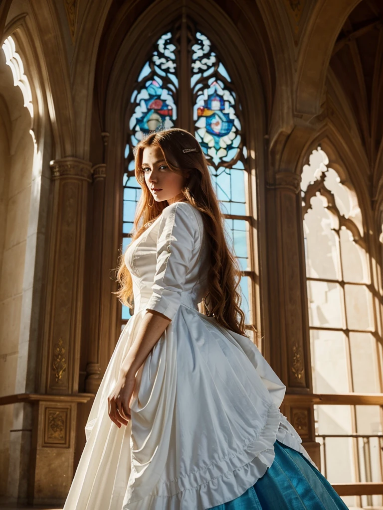 (blue eyes):(best quality,realistic) Beautiful noble woman with an imponent presence, standing in a noble scenery castle. Her long wavy red hair flows down her back, contrasting with her (white skin). She is dressed in the elegant attire of Rukia Bankai, which adds to her regal aura. Her (blue eyes) captivate anyone who gazes upon them, exuding a sense of mystery and depth. The castle's architecture reflects the grandeur of the woman, with towering spires and intricate details. The light filters through the stained glass windows, casting vibrant hues across the surroundings. The woman stands tall, radiating confidence and grace, fitting for her noble lineage. Every detail in this artwork is rendered in (ultra-detailed) precision, capturing the finest subtleties and creating a (masterpiece:1.2) that is worthy of admiration.