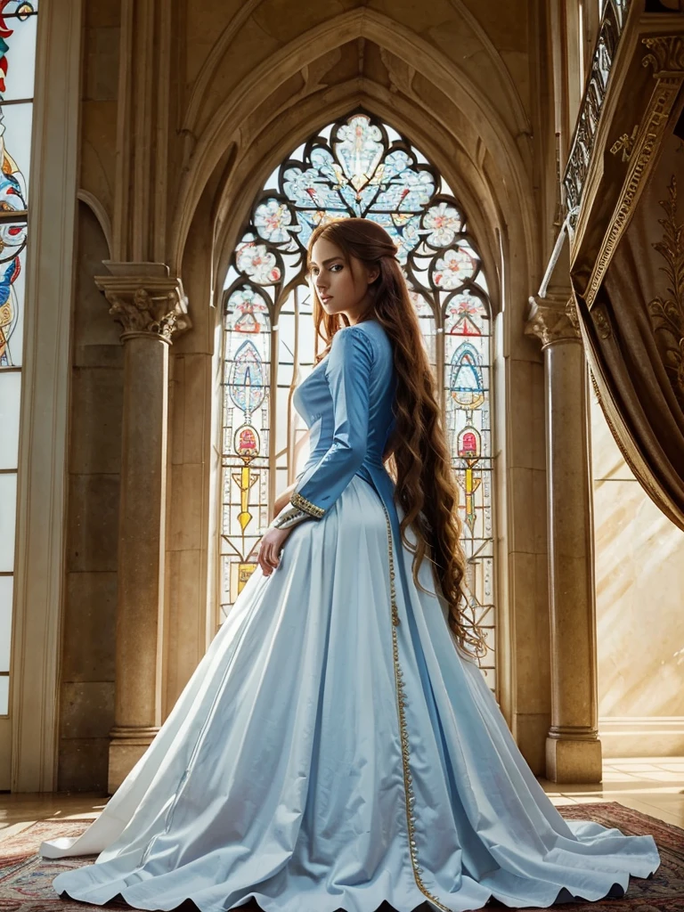 (blue eyes):(best quality,realistic) Beautiful noble woman with an imponent presence, standing in a noble scenery castle. Her long wavy red hair flows down her back, contrasting with her (white skin). She is dressed in the elegant attire of Rukia Bankai, which adds to her regal aura. Her (blue eyes) captivate anyone who gazes upon them, exuding a sense of mystery and depth. The castle's architecture reflects the grandeur of the woman, with towering spires and intricate details. The light filters through the stained glass windows, casting vibrant hues across the surroundings. The woman stands tall, radiating confidence and grace, fitting for her noble lineage. Every detail in this artwork is rendered in (ultra-detailed) precision, capturing the finest subtleties and creating a (masterpiece:1.2) that is worthy of admiration.