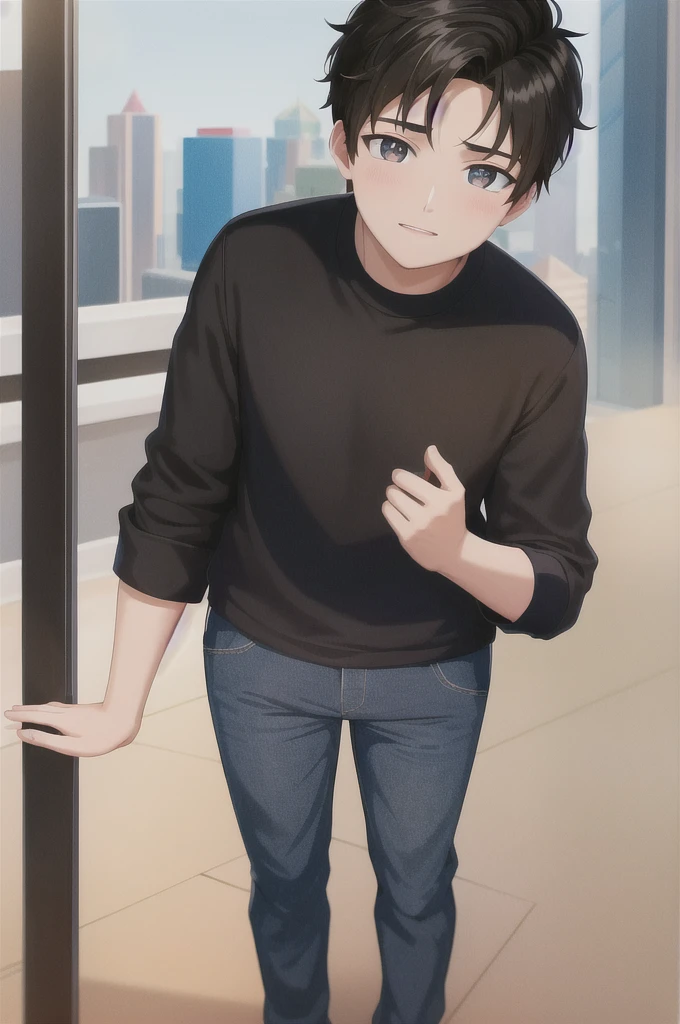 A young boy standing, black fur , dark eyes, standing behind a city window, very attractive, with adorable face and ruddy cheeks. With a blue shirt 