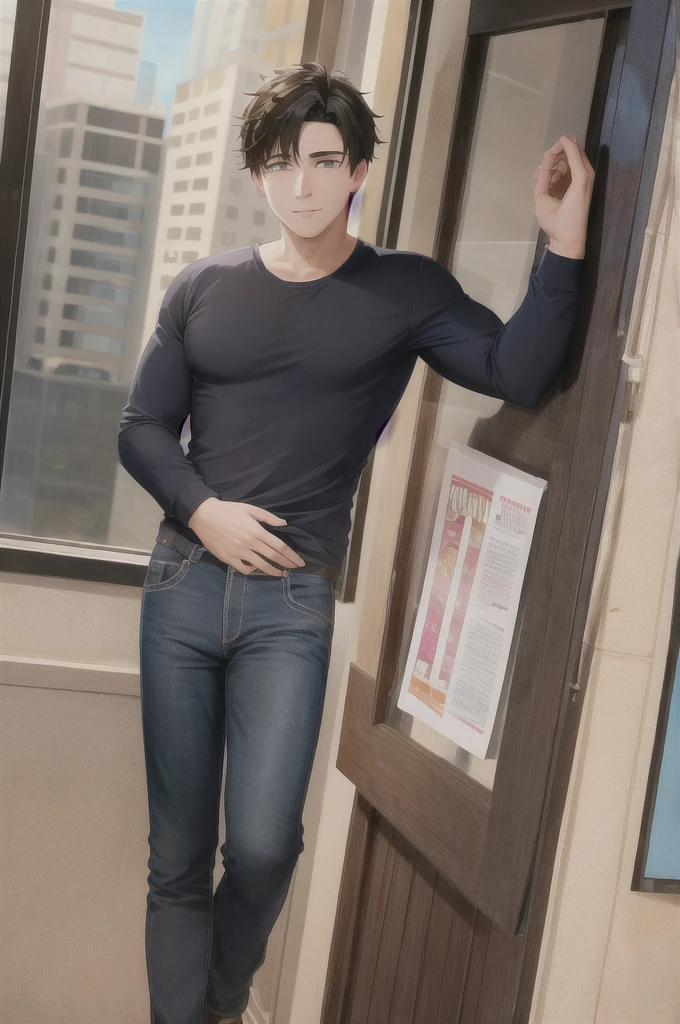 A shirtless boy standing in a bus stop, blue jeans, brown hair, white shoes, muscular body,