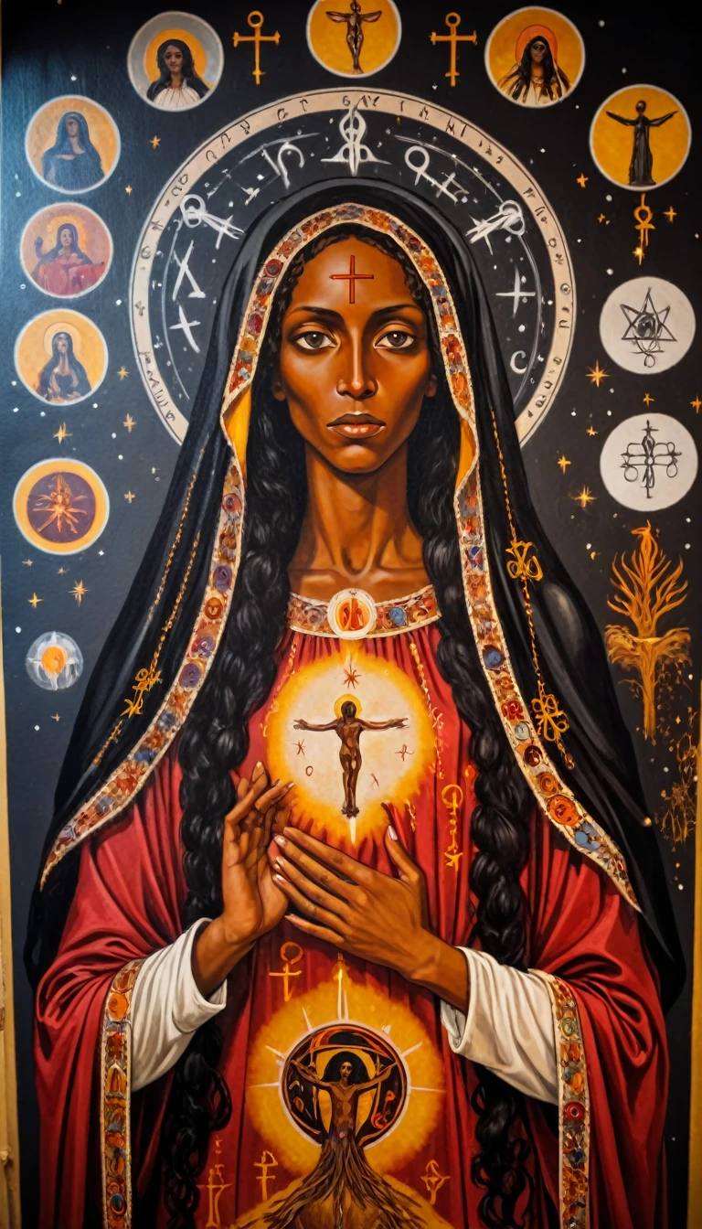 black priestess mary magdalene, orthodox painted on the wall, symbols and elements of astrology, hermetic symbols
