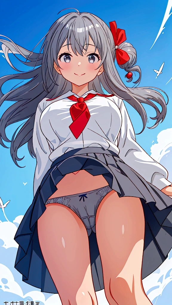 ((SFW、masterpiece、Highest quality、Pieces fly、expensiveest quality、expensiveest level、Best image quality))、(Magazine Cover)、(1 Asian Woman)、A very beautiful and attractive 18-year-old woman、Beautiful light brown hair、Intense black eyes、strong eye expensivelights、Very large breasts、Lip gloss、(cute:1.2)、(expensive detail skin: 1.2)、Perfect Anatomy、smile、((Red ribbon tie、Japanese Girls' expensive 、Dark blue long sleeve jacket、White shirt、Navy blue flared skirt))、((正面より少しFrom below見上げるカメラアングル))、(Skirt flip)、(Grab your skirt、Accurate hands、Five fingers)、((The wind blows up my skirt、Panties exposed.))、((Skirt flip、Grey panties、shiny texpensives))、Cute Underwear、((詳細なGrey panties))、From below、((from the front))、Angle from the feet、Angle From below、((Angle looking up From below、Show your crotch))、Soft Backlight、Soft Light、Soft natural light、Spring street in the daytime、