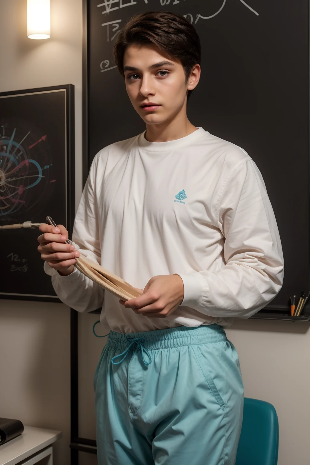 A beautiful young male twink, cute, with black hair and a face with makeup, wearing a bright white long-sleeved shirt and aqua blue pants, and he is in his office, and behind him is a blackboard on which is written the shape of the brain and its anatomy, and nuclear energy comes out of it, and he has a face with makeup and cheeks Red.