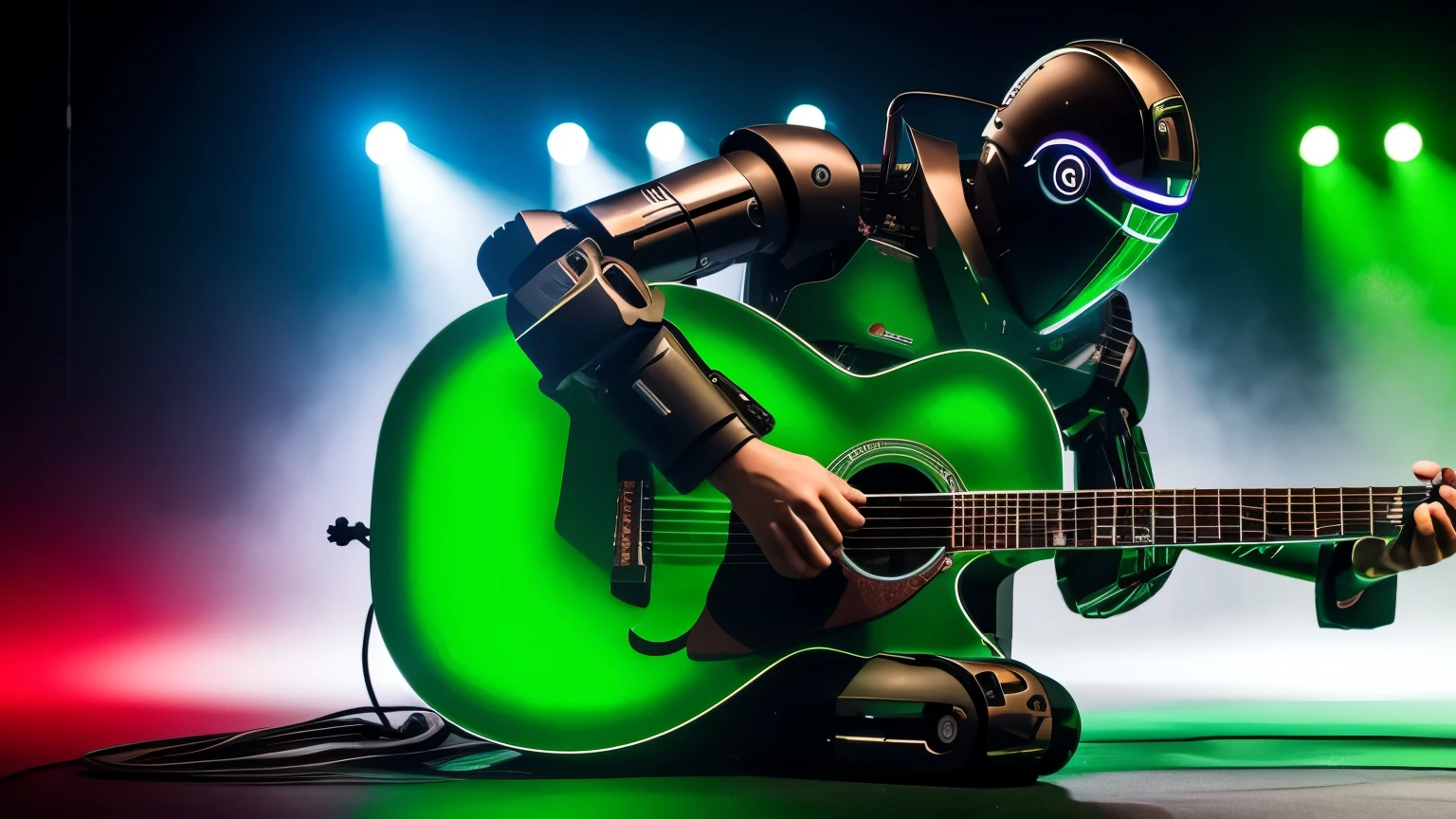 CREATE criar um robot playing guitar, GREEN, RED UNIFORM METALIC, eletronic style, on stage, lights, ELETRIC GUITAR STYLE. 8K,ON STAGE, UNIQUE UNIVERSE ROBOT