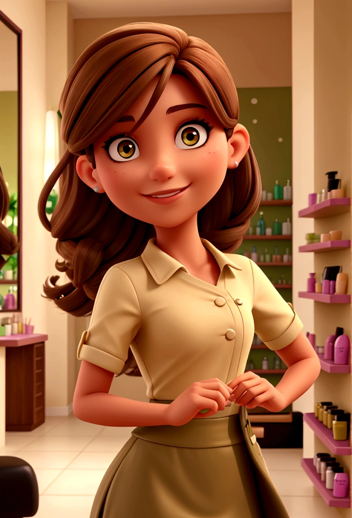 An olive-skinned hairdresser with brown hair in her beauty salon