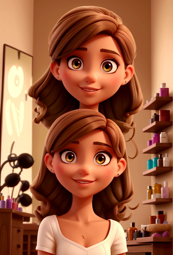 An olive-skinned hairdresser with brown hair in her beauty salon