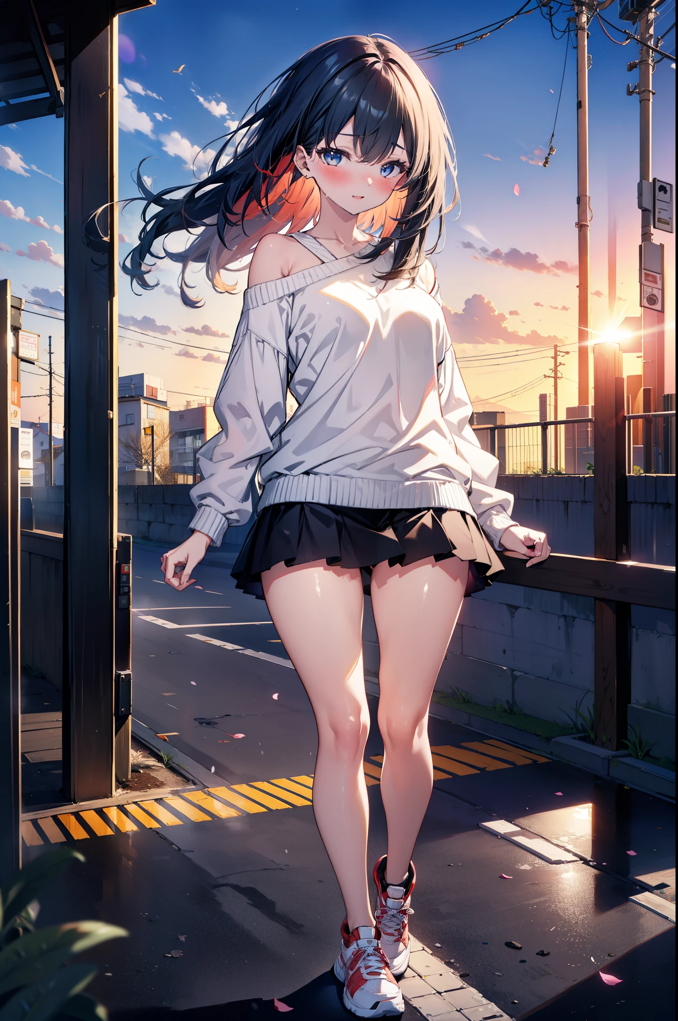 Rikka body, Affluent backstreets, Black Hair, blue eyes, Long Hair, rist scrunchie,happy smile, smile, Open your mouth,blush,Oversized red one-shoulder sweater,mini skirt,short boots,Walking,So that the whole body goes into the illustration,morning,morning陽,The sun is rising,
Destroy outdoors, Building district,
壊す looking at viewer, Systemic
break (masterpiece:1.2), Highest quality, High resolution, unity 8k wallpaper, (figure:0.8), (Beautiful attention to detail:1.6), Highly detailed face, Perfect lighting, Highly detailed CG, (Perfect hands, Perfect Anatomy),
