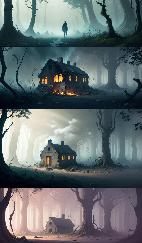 (anime, digital paint, destroyed burned candy house in deep forest, burned sweets and treats all around, smoke and remnants of candy and sweets scattered around, eerie and dark atmosphere, forest reclaiming the area with vines and plants growing over the ruins, sense of nature taking over, epic final scene)