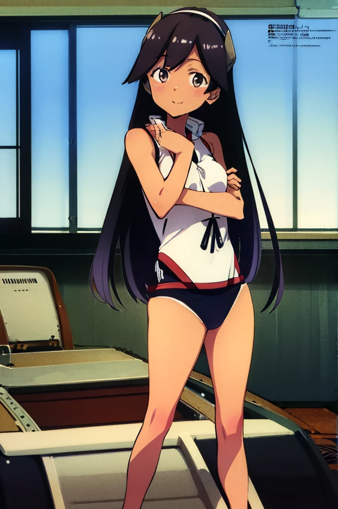 anime style, 1girl, solo, high quality, Illustration, digital illustration, i-400 (kancolle), black hair, long hair down, purple eyes, hairband horn, medium breasts, one-piece swimsuit, competition swimsuit, hydrasuit, highneck swimsuit, highleg swimsuit, cowboy shot, looking at viewer, smile, bare legs, barefoot, pool, poolside, arms at side, indoors,