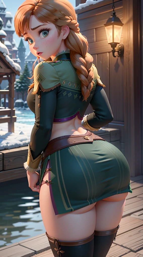 high resolution, 8k, incredibly absurd, 1 girl, alone, huge huge ass, full body, anna of arendelle, twin braids, winter mountain outfit,(NSFW ), smile