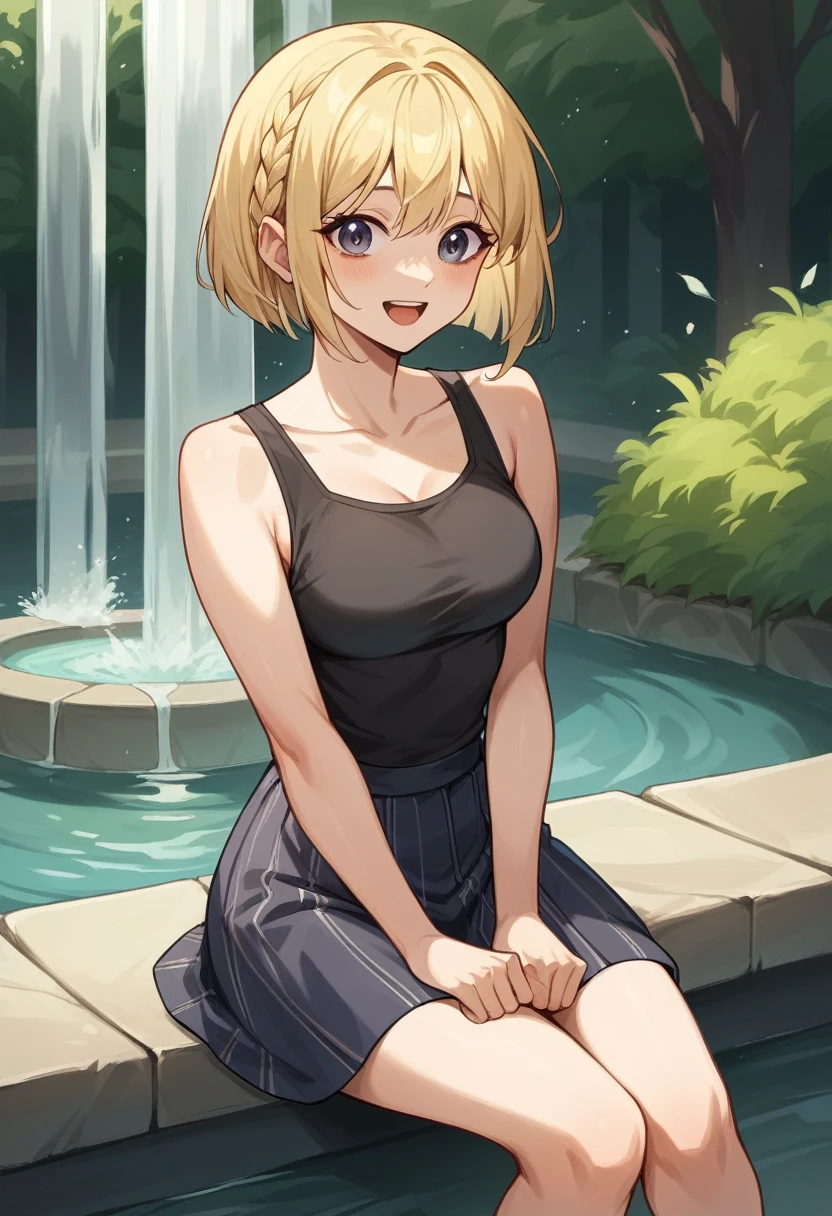 (masterpiece, 8k, best quality:1.2), in the fountain, outdoor, 1girl, looking at viewer, wet clothes, soaked, wet hair, wet skin, glistening with oil, drenched, smiling