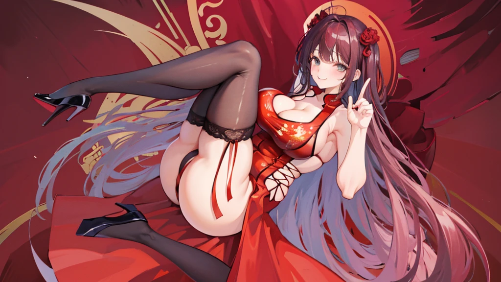 masterpiece , Highest quality , alone ,, Thick thighs , Huge hips , Long Chinese Dress smile Black garter belt Red High Heels Alluring face Bold Pose Black knee-high socks
