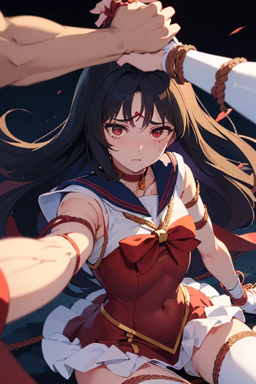 (Very detailed)、Waistline、Detailed hands, Sailor Mars,I'm injured、(((Crippling)))、(((Her costume is torn and her skin is showing)))、Bleeding、enduring pain、(((Hands tied)))、(((Under heavy enemy attack)))、(((Being tied up with rope)))、(((I've been punched in the stomach)))、(((Color)))、(((I can't put any strength into it)))、alone、(((The colors of the motif are faithful)))、Fall to the floor