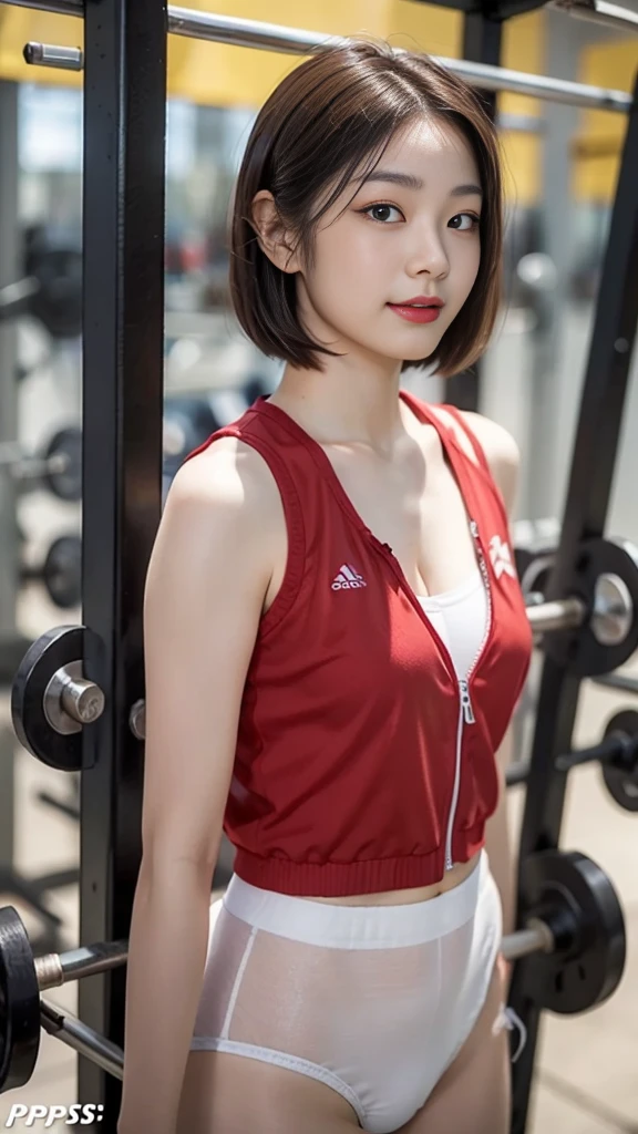 Highly detailed CG unity 8k wallpaper, of the highest quality, Super detailed, masutepiece, Realistic, photographrealistic, extremely detailed cute girl, 25yo, cleavage , (perspired) ,  Round eyes, peeping at the viewer,  Blush, Smile, parted lip, Semi-body shot , Realistic、track suit、Realistic reproduction with vests ,  Panties , Squat, sports gym, short  hair 