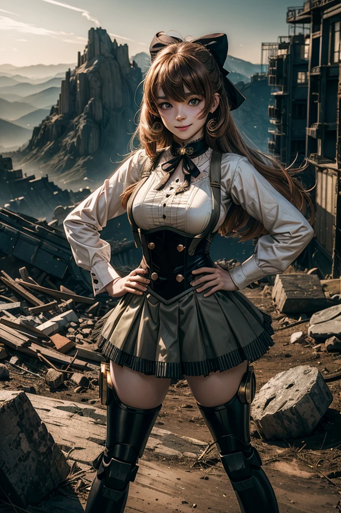 cowboy shot, dynamic pose, smile, underbust, Penny Polendina, long hair, neck ribbon, suspender skirt, corset, black bow, white blouse, mechanical legs, neon trim, standing in city ruins on hill, in valley, hand on hip, BREAK mountains in background, waterfall, crowd, (crowd in military uniform), bonfires, post-apocalypse, dystopian future, (volumetric lighting), intricate details, tonemapping, sharp focus, hyper detailed,