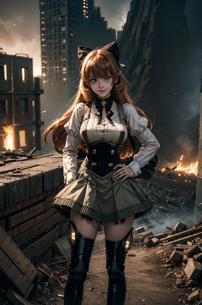cowboy shot, dynamic pose, smile, underbust, Penny Polendina, long hair, neck ribbon, suspender skirt, corset, black bow, white blouse, mechanical legs, neon trim, standing in city ruins on hill, in valley, hand on hip, BREAK mountains in background, waterfall, crowd, (crowd in military uniform), bonfires, post-apocalypse, dystopian future, (volumetric lighting), intricate details, tonemapping, sharp focus, hyper detailed,
