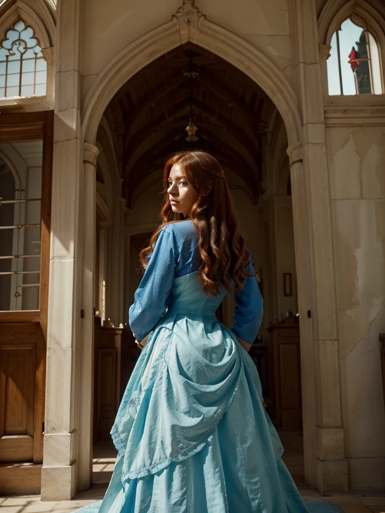 (blue eyes):(best quality,realistic) Beautiful noble woman with an imponent presence, standing in a noble scenery castle. Her long wavy red hair flows down her back, contrasting with her (white skin). She is dressed in the elegant attire of Rukia Bankai, which adds to her regal aura. Her (blue eyes) captivate anyone who gazes upon them, exuding a sense of mystery and depth. The castle's architecture reflects the grandeur of the woman, with towering spires and intricate details. The light filters through the stained glass windows, casting vibrant hues across the surroundings. The woman stands tall, radiating confidence and grace, fitting for her noble lineage. Every detail in this artwork is rendered in (ultra-detailed) precision, capturing the finest subtleties and creating a (masterpiece:1.2) that is worthy of admiration.