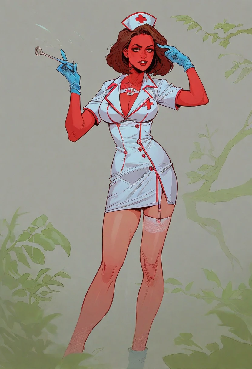araffe dressed in a red and white costume standing in front of a tree, close - fitting nurse costume, nurse costume, very sexy devil outfit, nurse girl, alluring and terrifying, high quality costume, macabre w- 768, nurse, unusual, nurse uniform, sweet, high quality theatre costume, frightening, wondrous, red and black costume!!!
