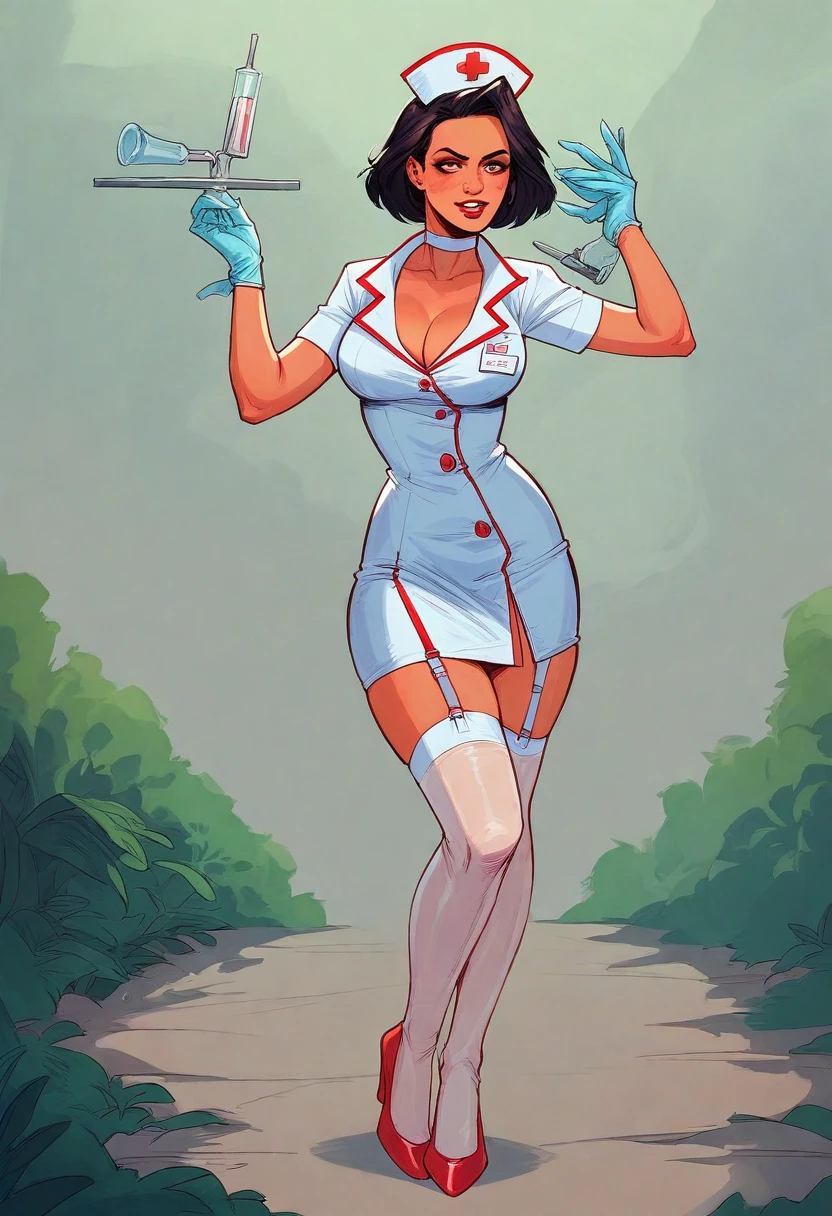 araffe dressed in a red and white costume standing in front of a tree, close - fitting nurse costume, nurse costume, very sexy devil outfit, nurse girl, alluring and terrifying, high quality costume, macabre w- 768, nurse, unusual, nurse uniform, sweet, high quality theatre costume, frightening, wondrous, red and black costume!!!