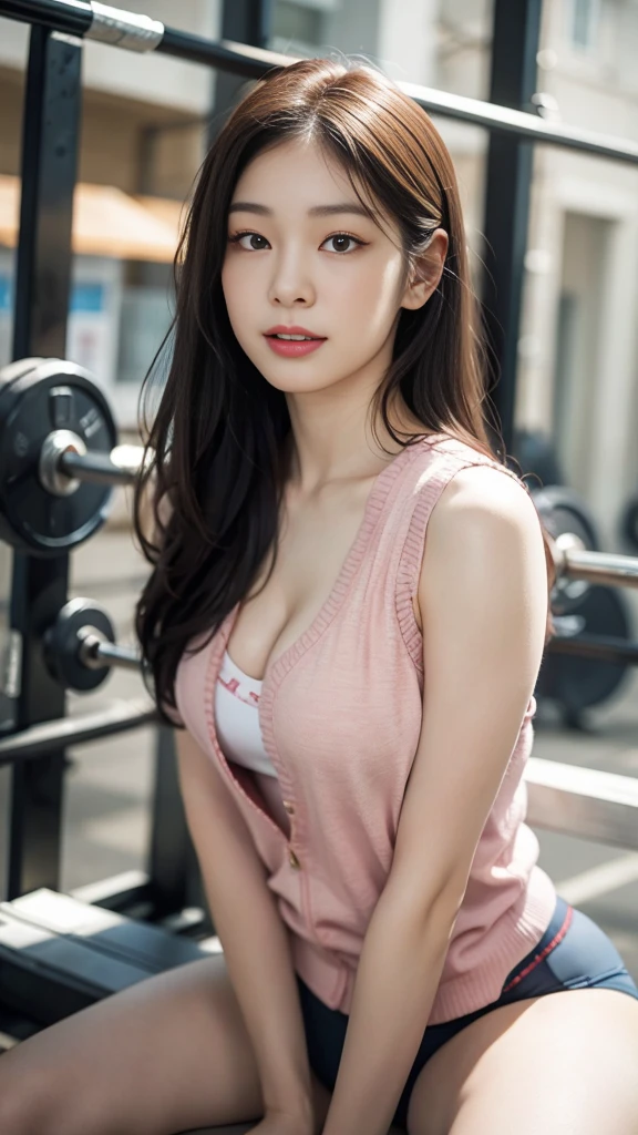 Highly detailed CG unity 8k wallpaper, of the highest quality, Super detailed, masutepiece, Realistic, photographrealistic, extremely detailed cute girl, 25yo, cleavage , (perspired) , Round eyes, peeping at the viewer, Blush, Smile, parted lip, Semi-body shot , Realistic、track suit、Realistic reproduction with vests , Panties , Squat, sports gym