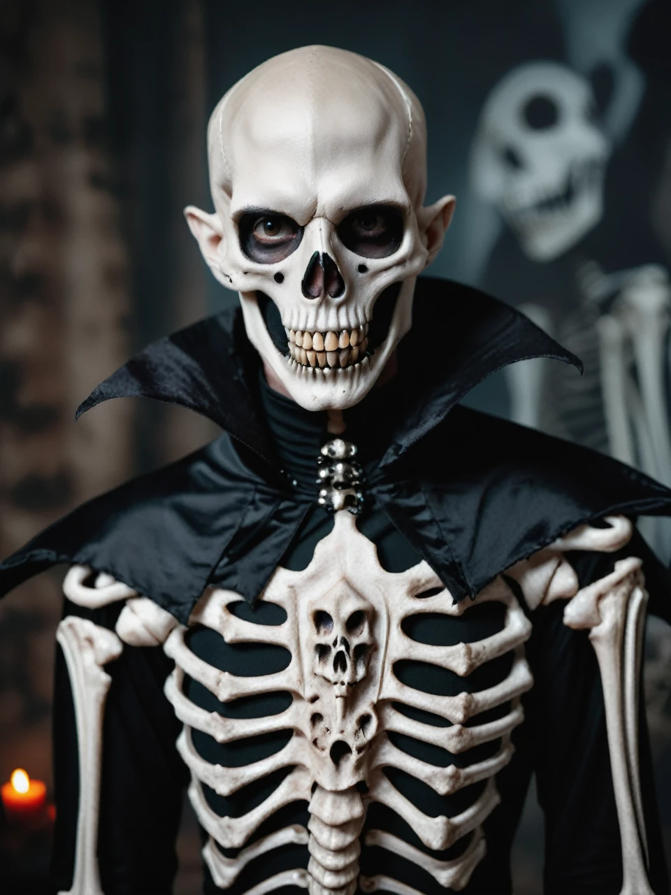 realistic portrait photo of a man dressed as a skeleton vampire hybrid, costume, cosplay, cinematic halloween LUT