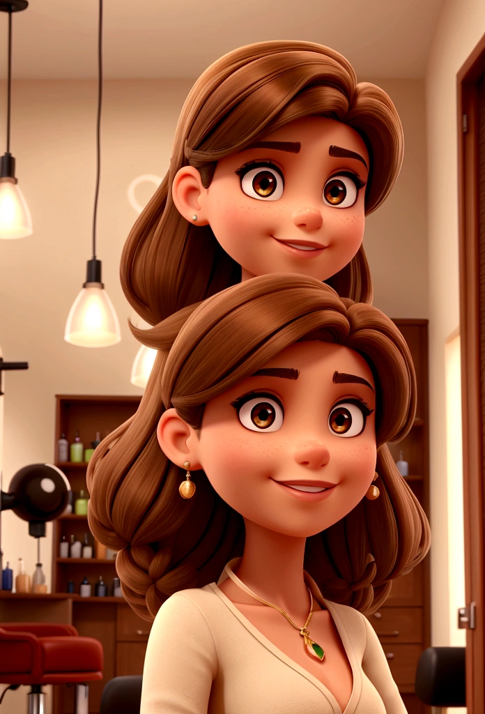 A hairdresser with olive skin and brown hair, in her beauty salon