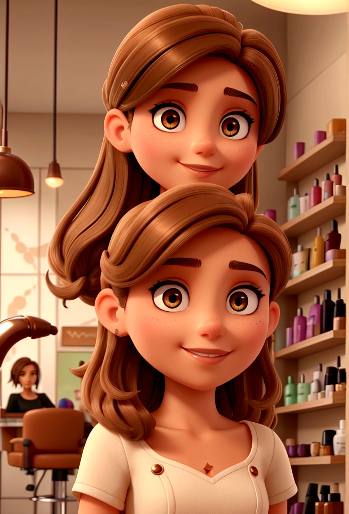 A hairdresser with olive skin and brown hair, in her beauty salon