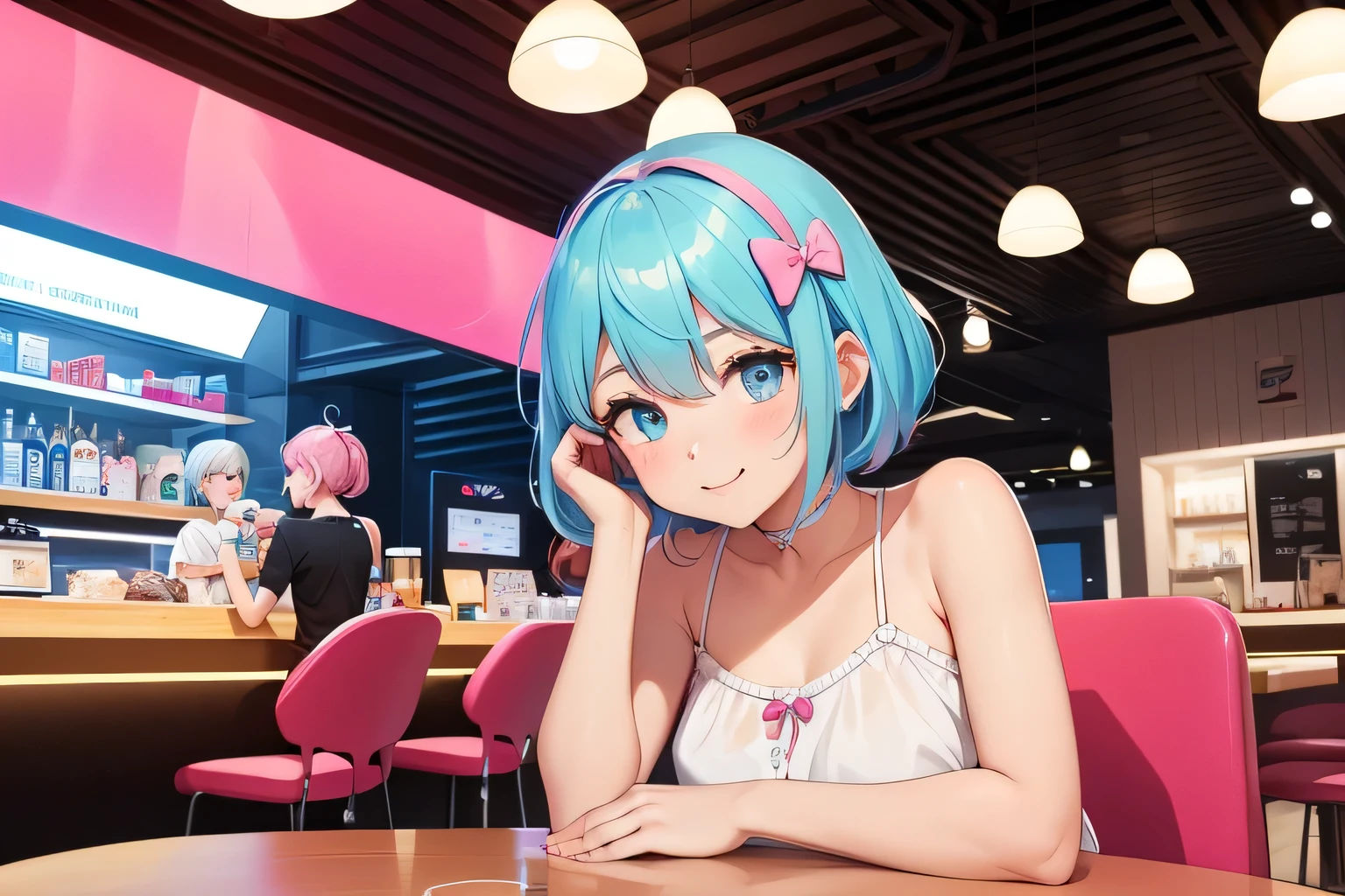 "Two girls are sitting in a modern ice cream shop inside a shopping center. The first girl has short blue hair, wearing a light pink dress with a low neckline and spaghetti straps, a pink bow at the waist and white ruffles at the hem (Prioritize the dress shown in the image with TASK ID CPIGA65E878C73ETEKU0), is sleeping with his head resting on his arms on the table. The second girl has long, light pink hair., wearing a LIGHT BLUE CROPPED T-SHIRT with white details and JEANS SHORTS (Prioritize the outfit shown in the image with TASK ID CPIFKKTE878C73D78QEG), is sitting next to the first girl, sucking on an ice cream with a happy expression. The ice cream shop has a welcoming and modern atmosphere, with round tables and futuristic decor, including ceiling pendant lights. The environment is illuminated by the lamps on the ceiling of the busy shopping center, and in the background there is an ice cream display and a drinks machine."