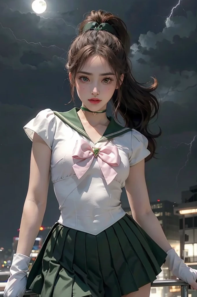 Ham Jupiter, Green Eyes, ponytail, tiara, jewelry, Sailor Warrior Uniforms, Green sailor collar, choker, Elbow hand pockets, White gloves, Pink ribbon, brooch, leotard, Green Skirt, night, city night sky, moon, lightning, Lots of lightning, heart brooch, , Highest quality, masterpiece, High resolution, Intricate details, (( Realistic )), photograph, alone, whole body,