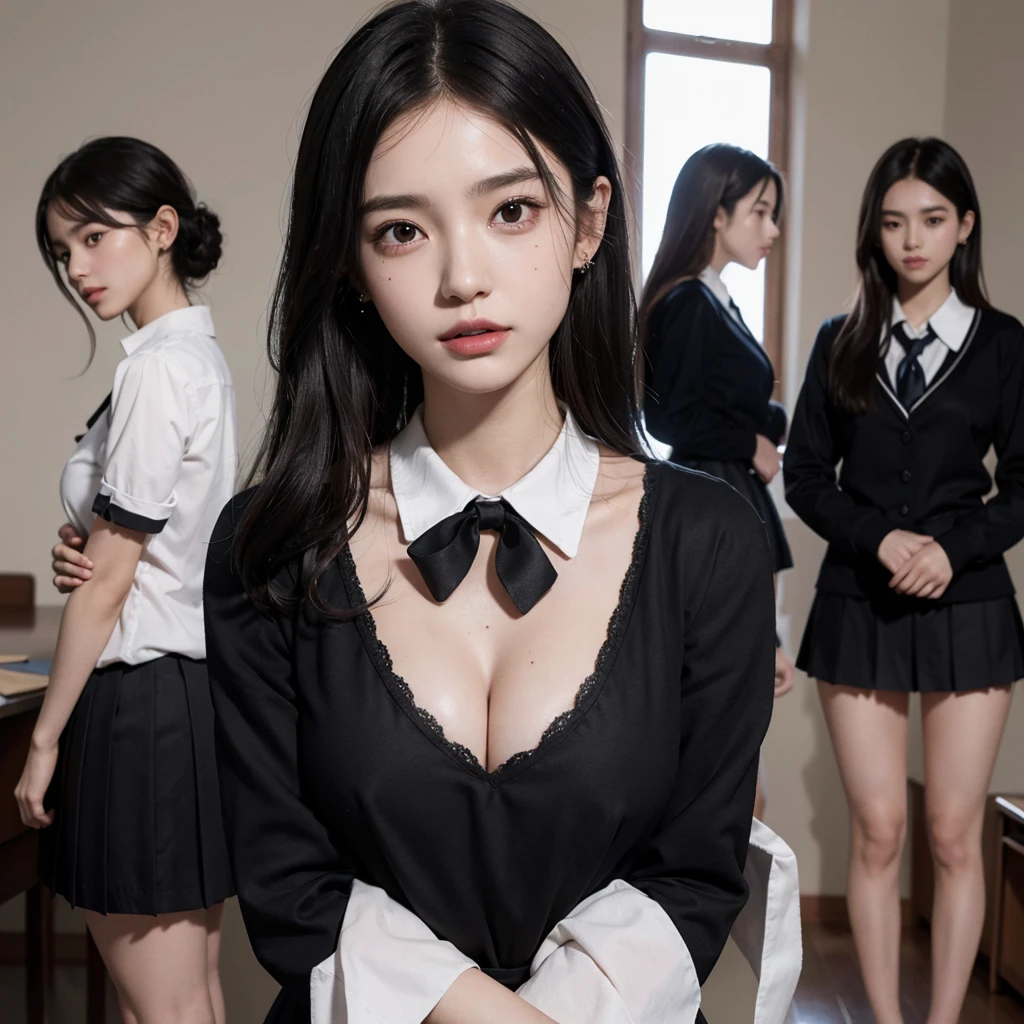 absurdres, RAW photo, extremely delicate and beautiful, masterpiece, Best Quality, ultra high resolution, 32k, hyperrealistic, ultra-detailed, perfect anatomy, super Detailed skin, perfect figure, in her 20s, very Slim body, narrow waist, very small head, very small face, delicate facial features, tearful mole, earring, thin legs, (very huge round breasts), full body shot, (((3 girls))), medium hair, black hair, ((school_uniform)),