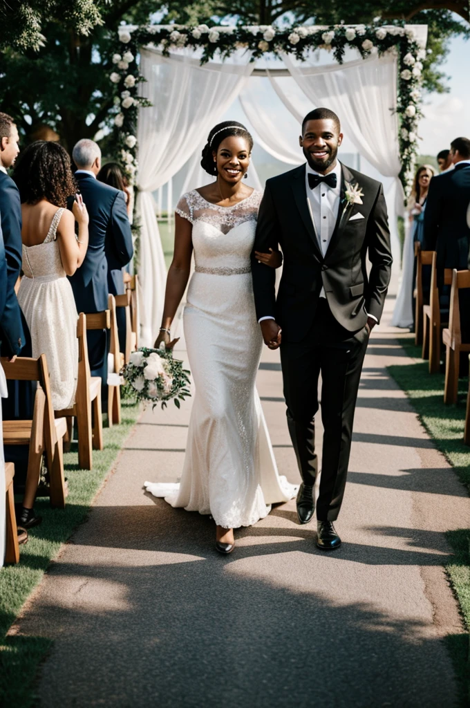 A black couple walking down the aisle 