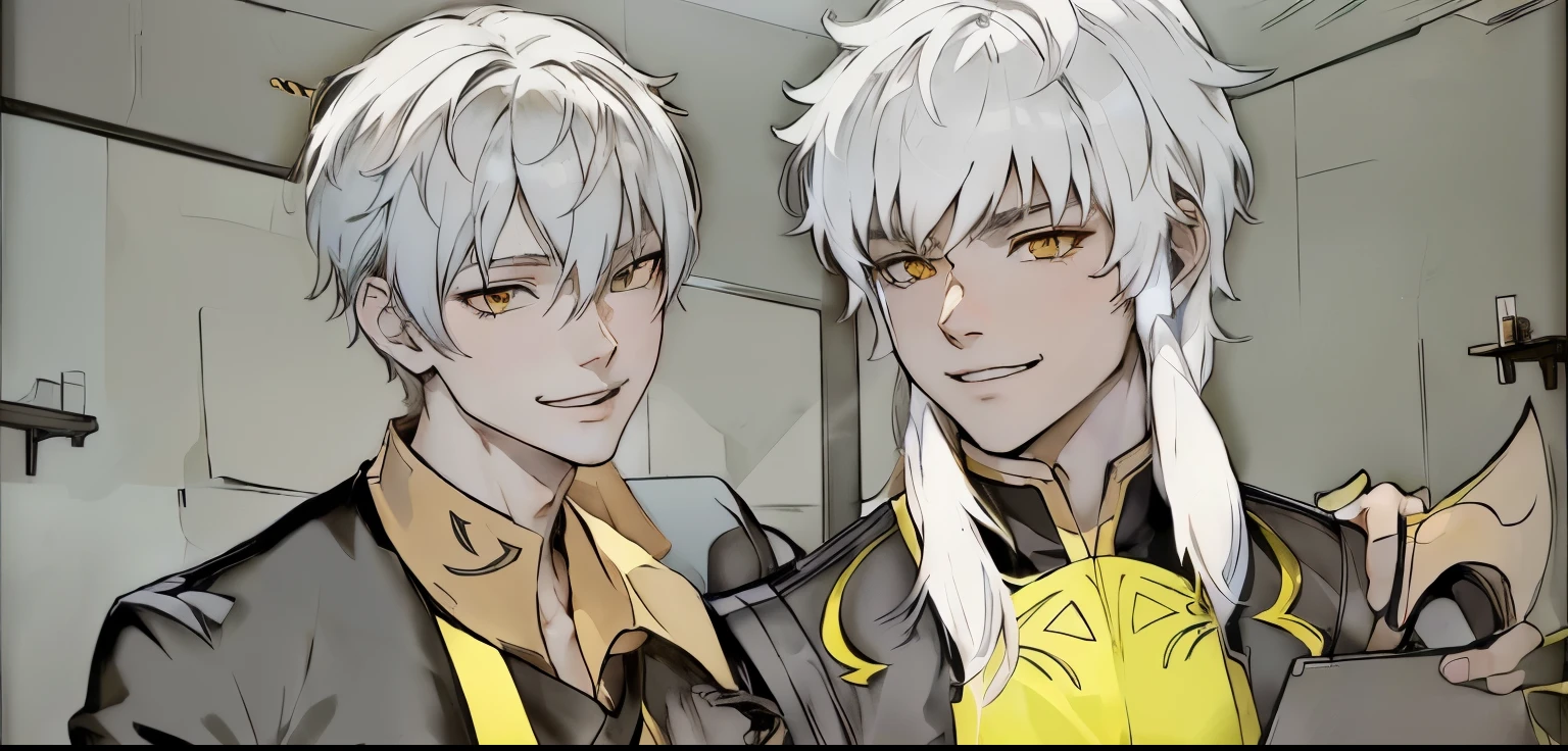 anime characters in a room with a laptop and a cell phone, Sirius A and Sirius B, hidari and vlop, petros and leonid, nixeu and sakimichan, two handsome anime men, with bright yellow eyes, handsome boys, jazza and rossdraws, highly detailed exquisite fanart, of frontline girls